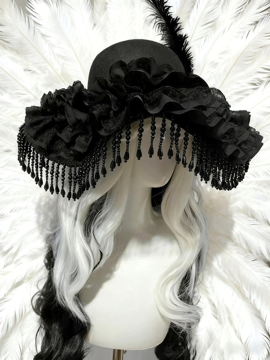 Manor Mistress Gothic Hat – Black Wool Felt Victorian Feather Hat, Baroque Lace Ruffle Bonnet with Beaded Fringe, Vampire Costume Accessory