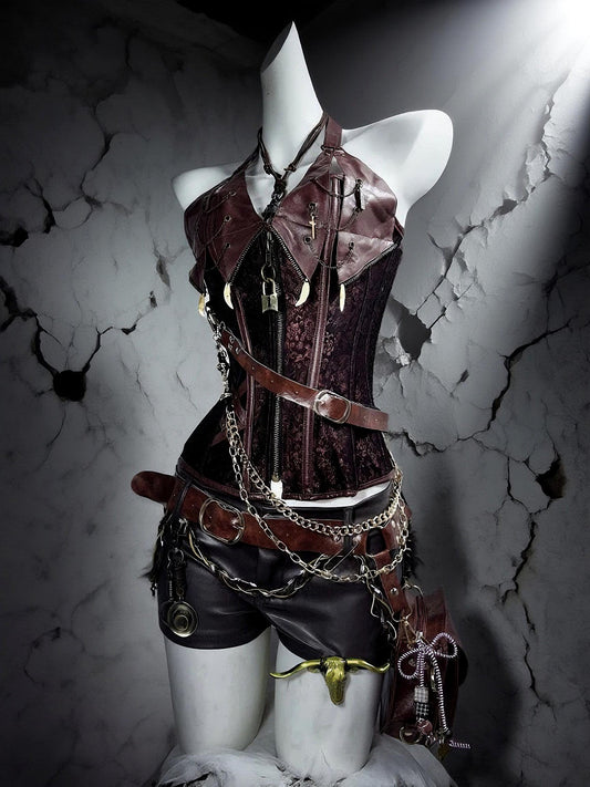 Chain Warden Gothic Pirate Costume: Vegan Leather Corset & Steampunk Shorts, Rave Outfit