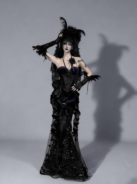 Black Purple Gothic Corset Dress , Dark Romance Velvet Lace Outfit, Dramatic Victorian Style Mermaid Skirt, Chrismas Ball Gown, Gift For Her