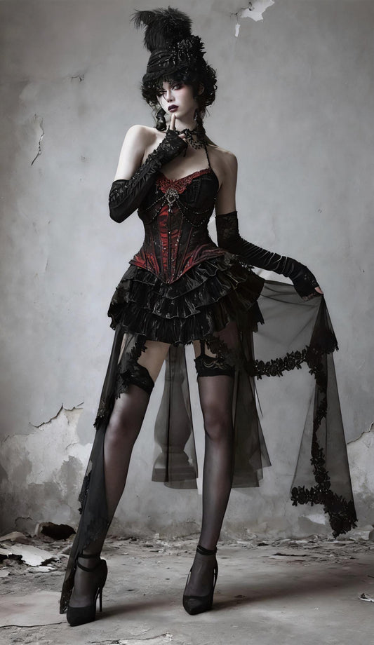 Countess of Dracula Gothic Corset Dress with Choker, Red Velvet Lace Vampire Costume, Victorian Gothic Corset Top & Layered Mesh Skirt