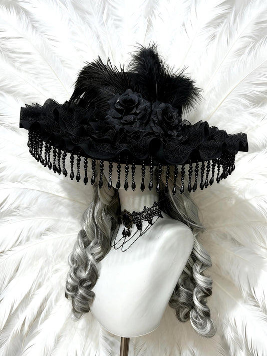 The Mourning Duchess – Gothic Black Lace Hat with Feathers and Roses, Victorian Baroque Ruffle Bonnet, Gift for Cosplayer
