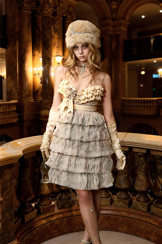 Vintage Ruffled Lace Dress with Detachable Bow | Romantic French Style Dress | Gift for Her, Birthday, Party Dress, Crystal Tights Set