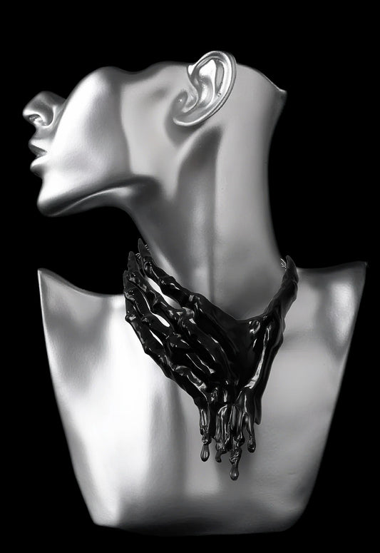 Gothic Skeleton Hand Necklace – 3D Printed Resin Statement Choker with Alloy Chain, Dripping Blood White or Black, Horror Art Jewelry, Rave
