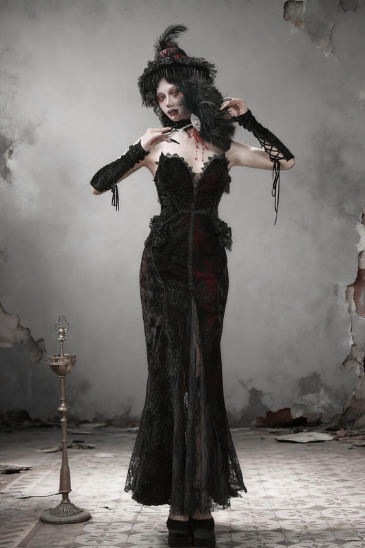 Scarlet Witch Gothic Mermaid Dress | Black Velvet Corset Gown, Dark Red Lace Evening Dress, Holiday Vampire Ball Outfit