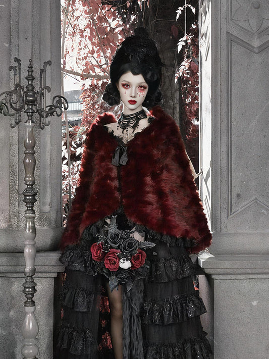 Crimson Duchess Faux Fur Shawl | Gothic Holiday Outwear, Vintage Red Wrap Coat for Christmas Party, Winter Ball & New Year Gala