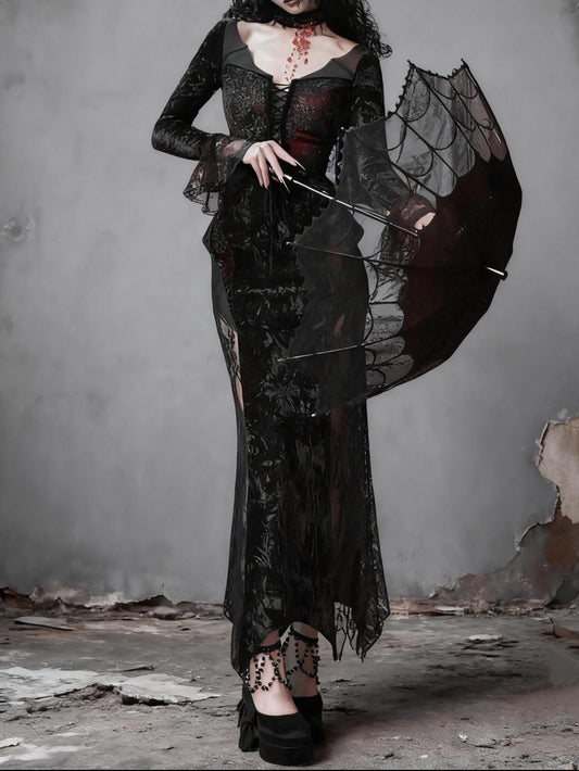 Scarlet Witch Gothic Mermaid Dress – Red Velvet Lace Vampire Gown, Dark Romance Corset Maxi Dress, Holiday Masquerade Outfit, Gift for her