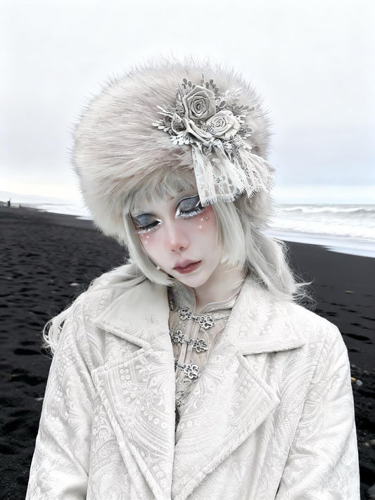 Gothic Faux Fur Winter Hat – Warm Lace Rose Headpiece, Victorian Lolita Cosplay Headdress, Halloween Costume Accessory, gift for cosplayer