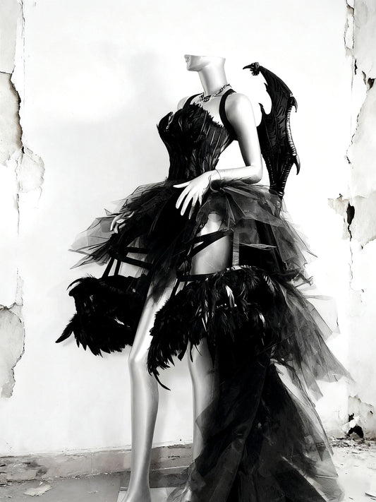 Dark Gothic Rave Festival Outfit, Black Feather Corset Gown with Dragon Wings, Fantasy Cage Skirt Dress for Halloween & Shows, Cosplay