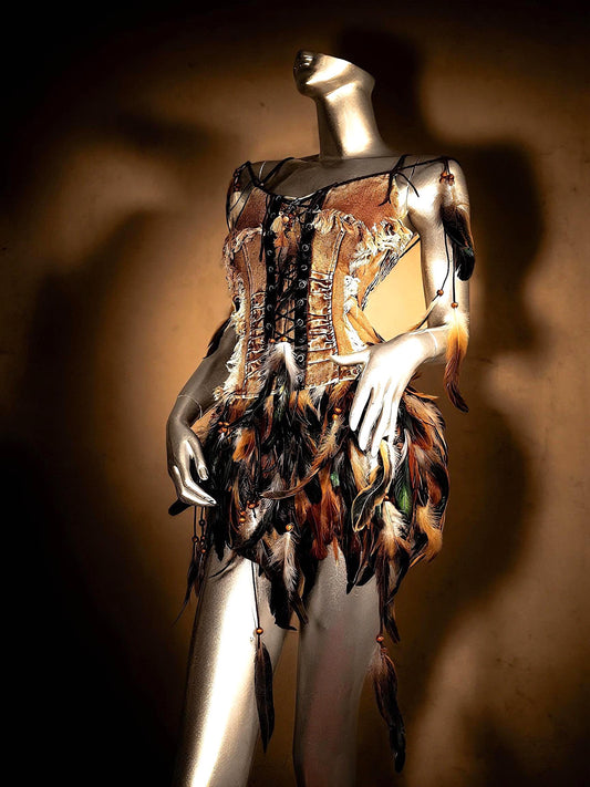 Wild Huntress Feather Costume, Denim & Feathers Ritual Costume, Earth Spirit Feather Corset and Skirts, Warrior Feather, Burningman Outfit