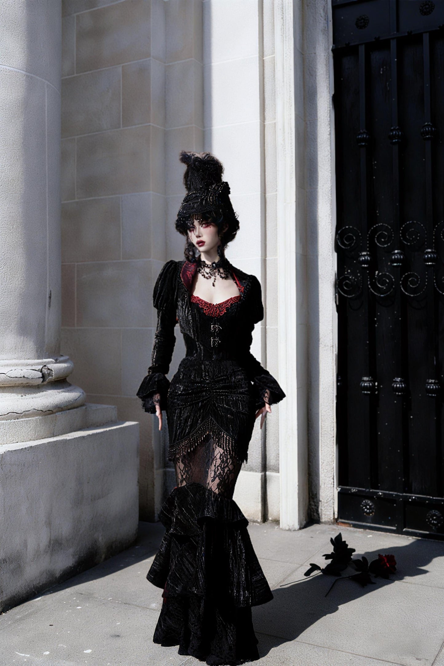 gothic velvet outfit side view velvet skirt silhouette movement