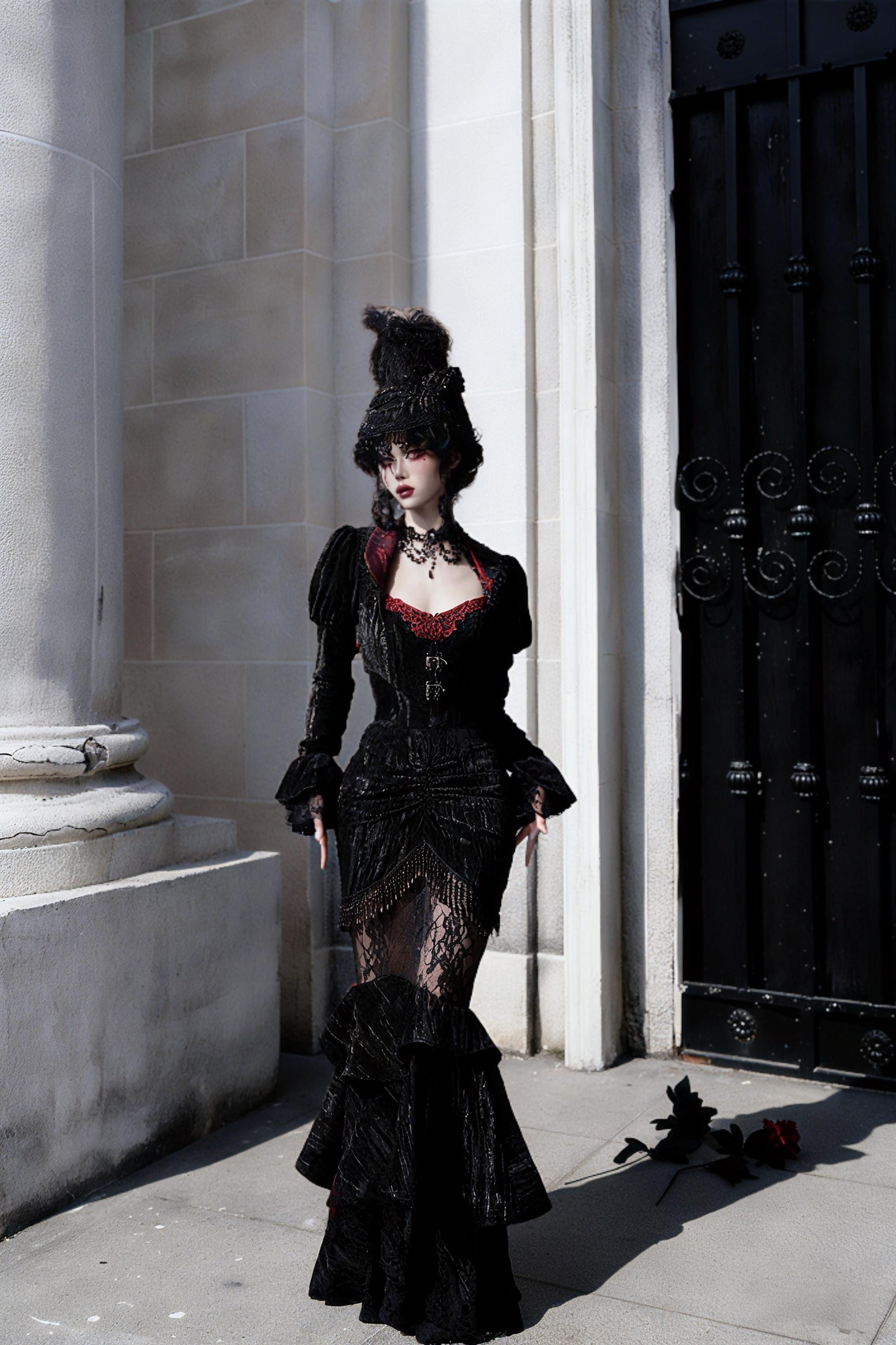 gothic velvet outfit side view velvet skirt silhouette movement