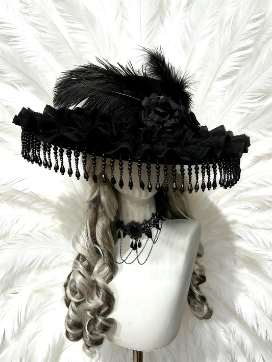 The Mourning Duchess – Gothic Black Lace Hat with Feathers and Roses, Victorian Baroque Ruffle Bonnet, Gift for Cosplayer