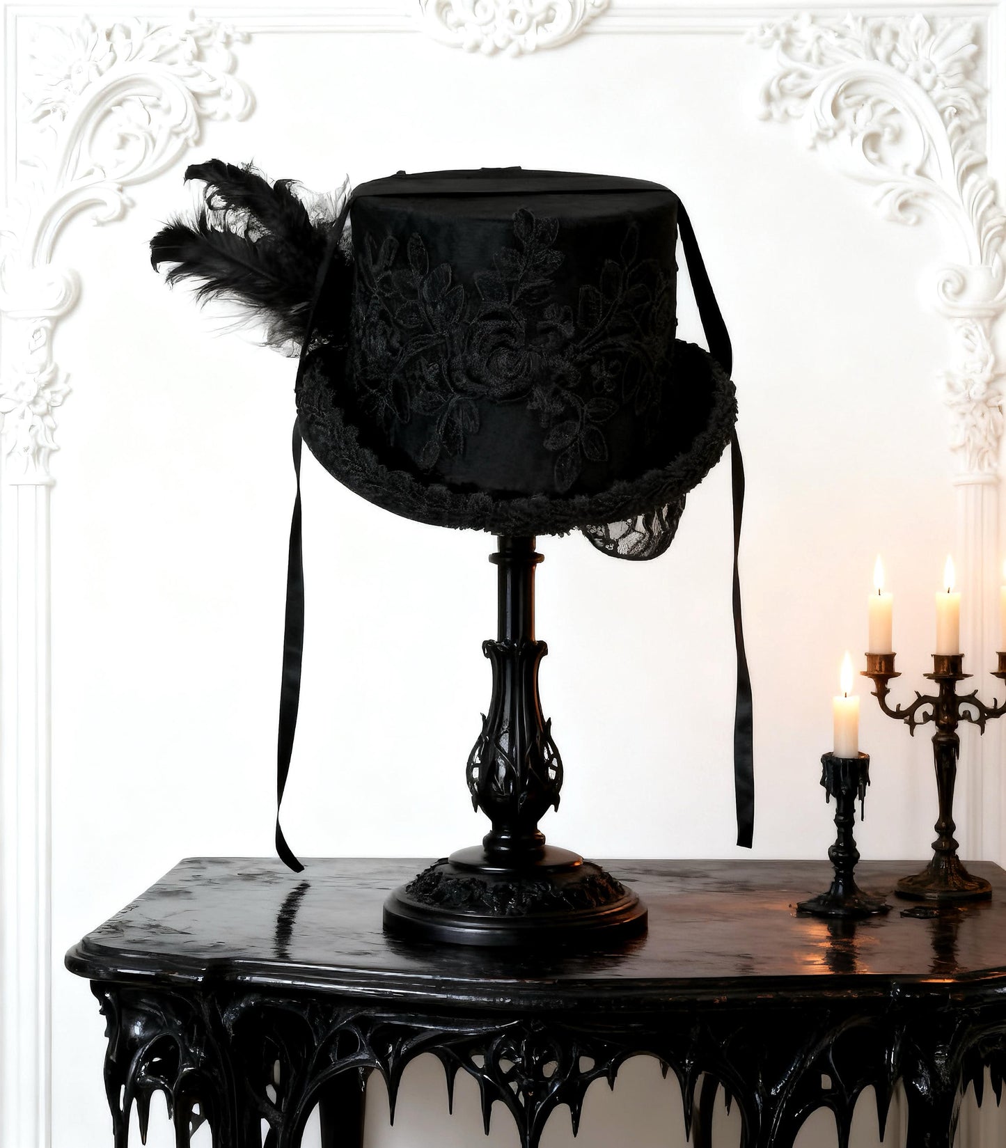 Victorian Gothic Wool Lace Top Hat, Victorian Steampunk Duke Hat with Embroidered Flowers & Feathers, Winter Gothic Costume Accessory