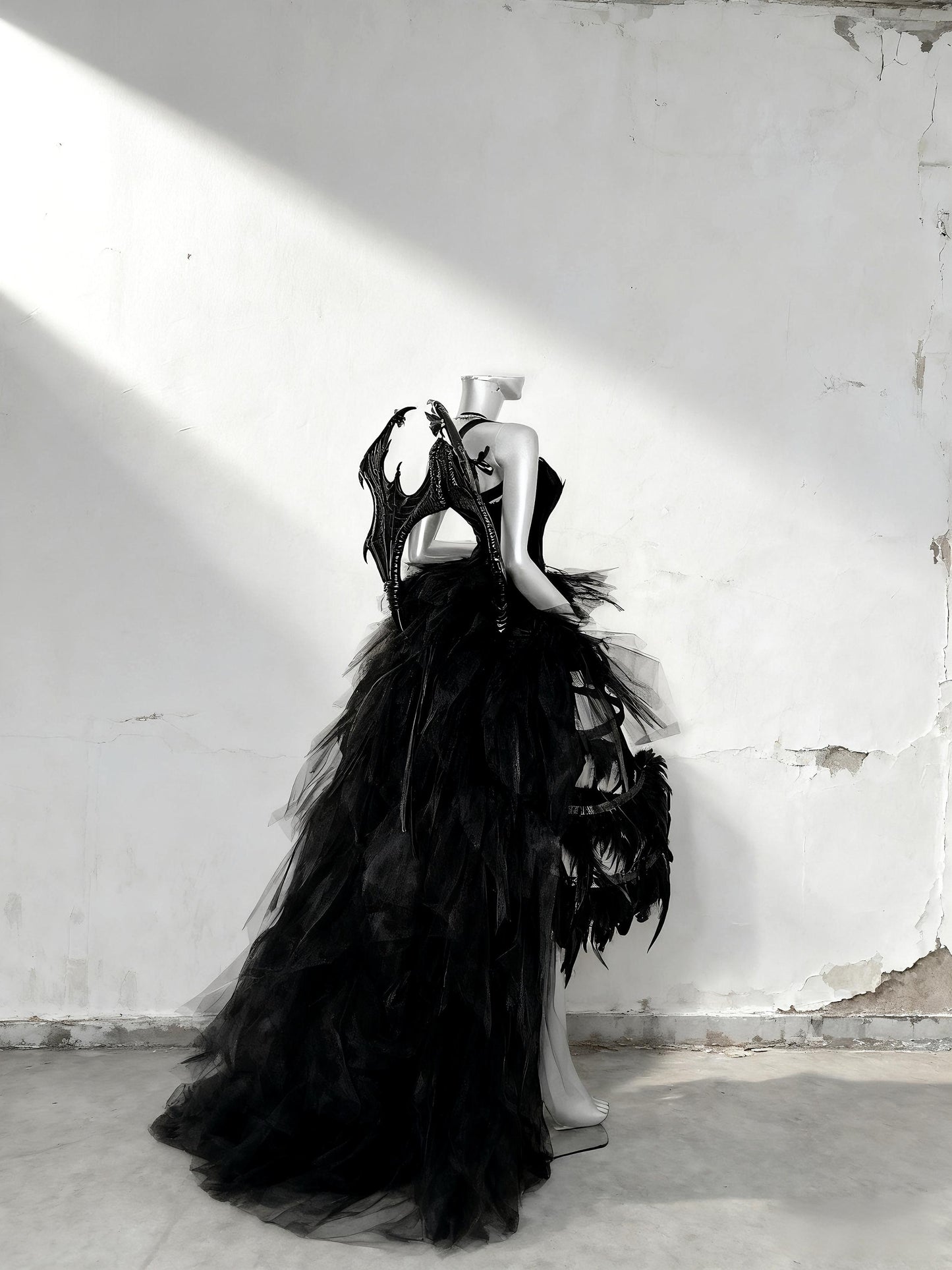 Dark Gothic Rave Festival Outfit, Black Feather Corset Gown with Dragon Wings, Fantasy Cage Skirt Dress for Halloween & Shows, Cosplay