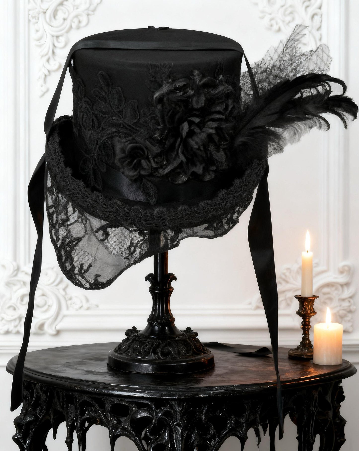 Victorian Gothic Wool Lace Top Hat, Victorian Steampunk Duke Hat with Embroidered Flowers & Feathers, Winter Gothic Costume Accessory