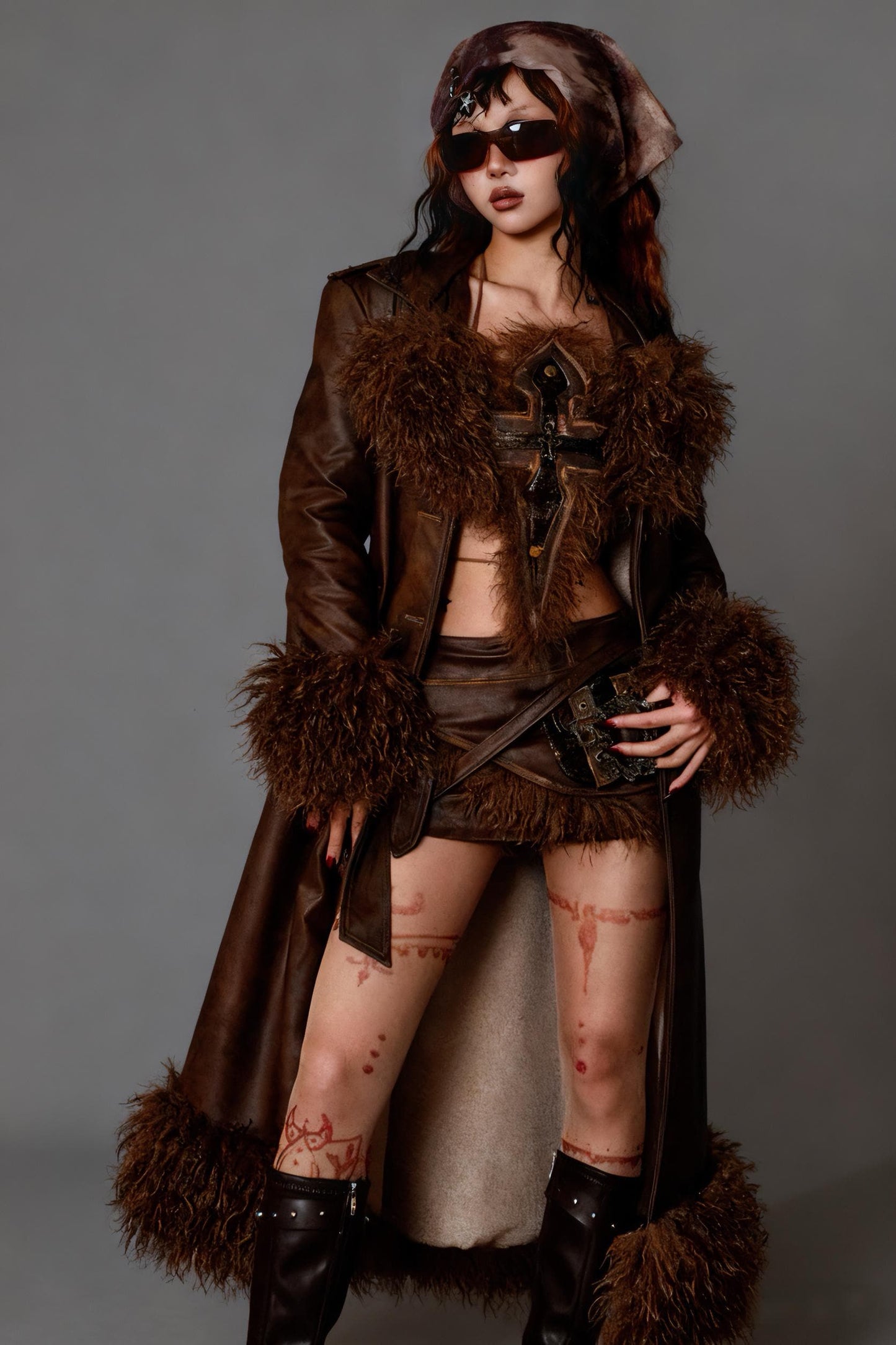 Viking Grunge Warrior 3-Piece Set | Vegan Leather Cross Halter Top, Faux-Fur Mini Skirt & Fur Leg Warmers,  Xmas Party, New Year Rave Outfit