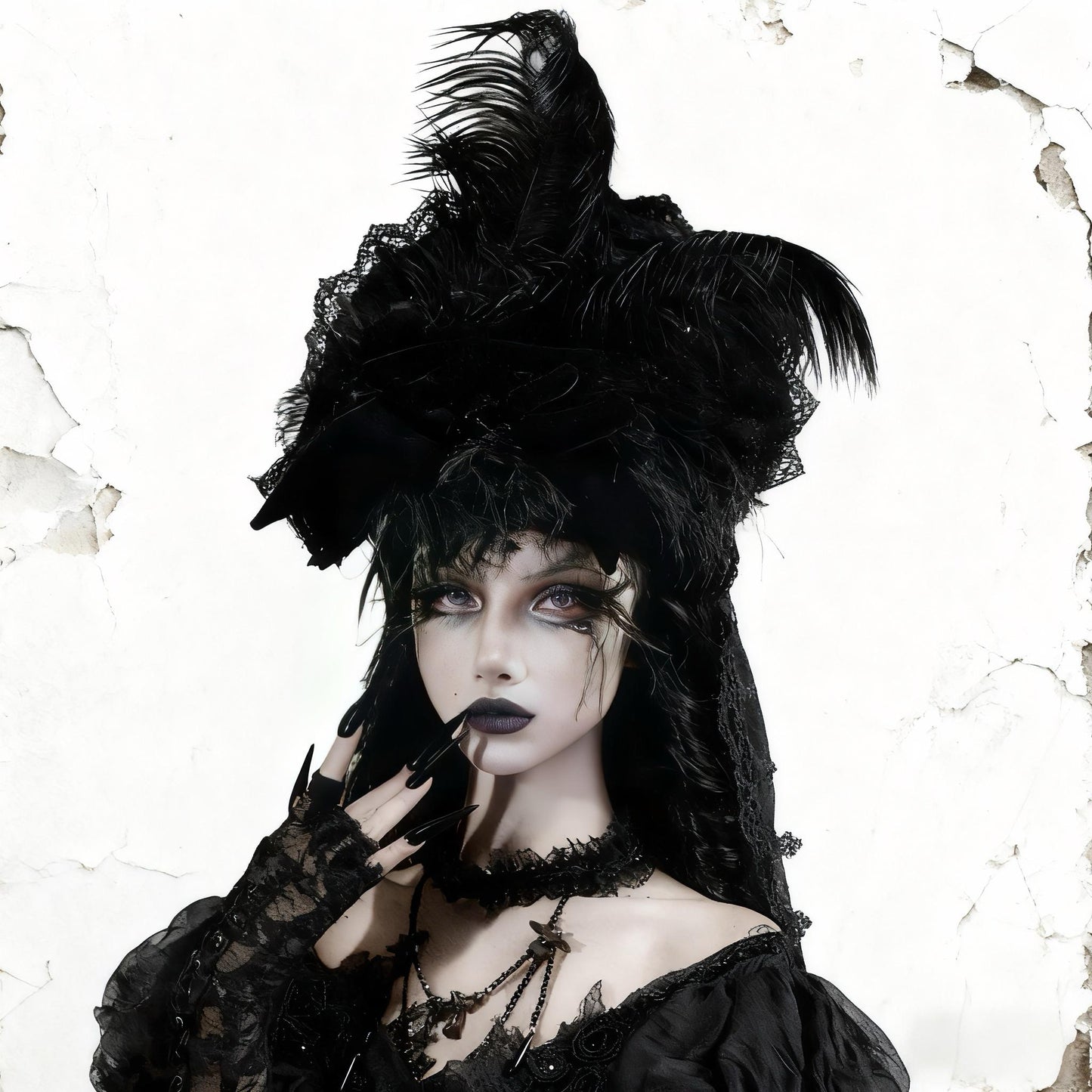 Gothic Feather Hat with Tulle Train– Black Witch Headpiece, Halloween Cosplay Veiled Hat, Victorian Gothic Costume Accessory