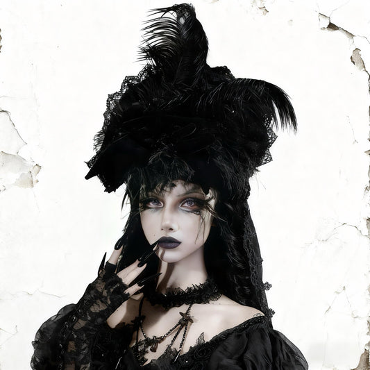 Gothic Feather Hat with Tulle Train– Black Witch Headpiece, Halloween Cosplay Veiled Hat, Victorian Gothic Costume Accessory