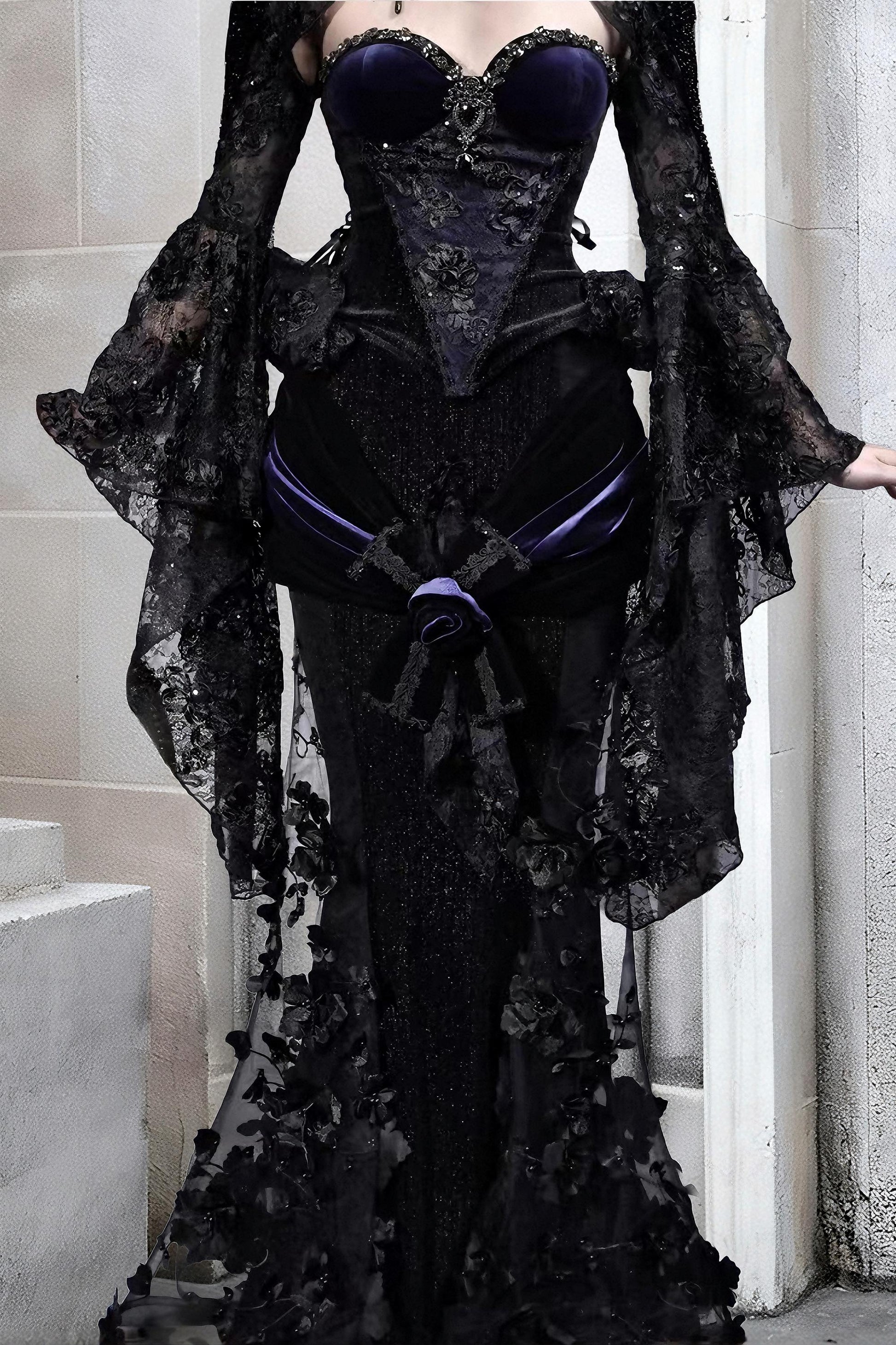purple gothic corset dress close up velvet corset lace embroidery