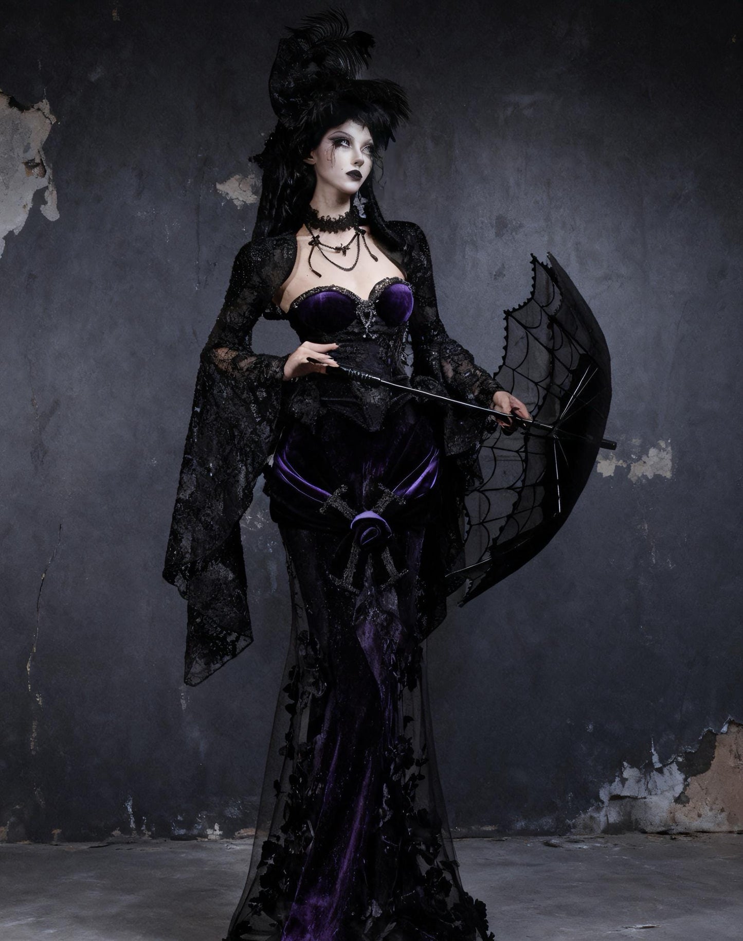 Gothic Feather Hat with Tulle Train– Black Witch Headpiece, Halloween Cosplay Veiled Hat, Victorian Gothic Costume Accessory