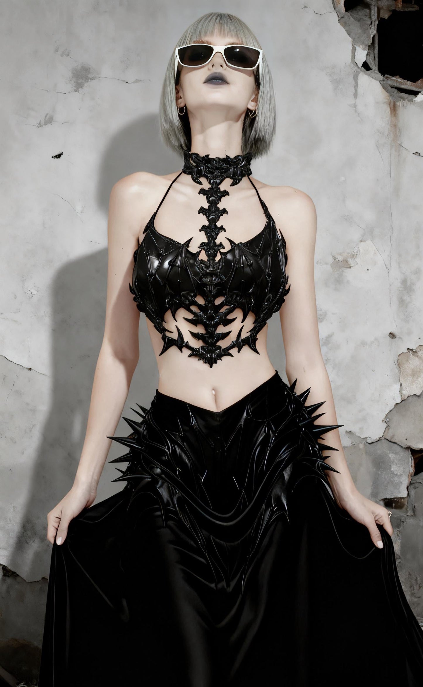 gothic spine corset front view 3d printed skeleton armor detail