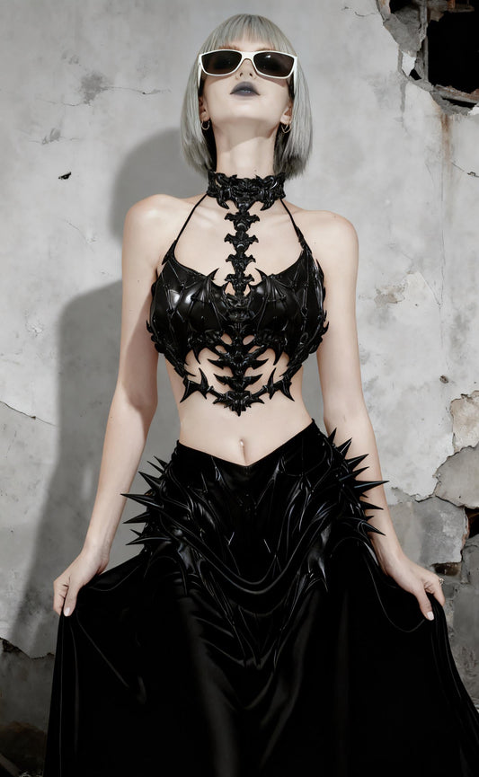 Dark Fantasy Gothic Spine Corset Costume 3D Printed Bat Wing Armor Top, Skeleton Chest Sculpture, Wearable Art Body Armo for Cosplay