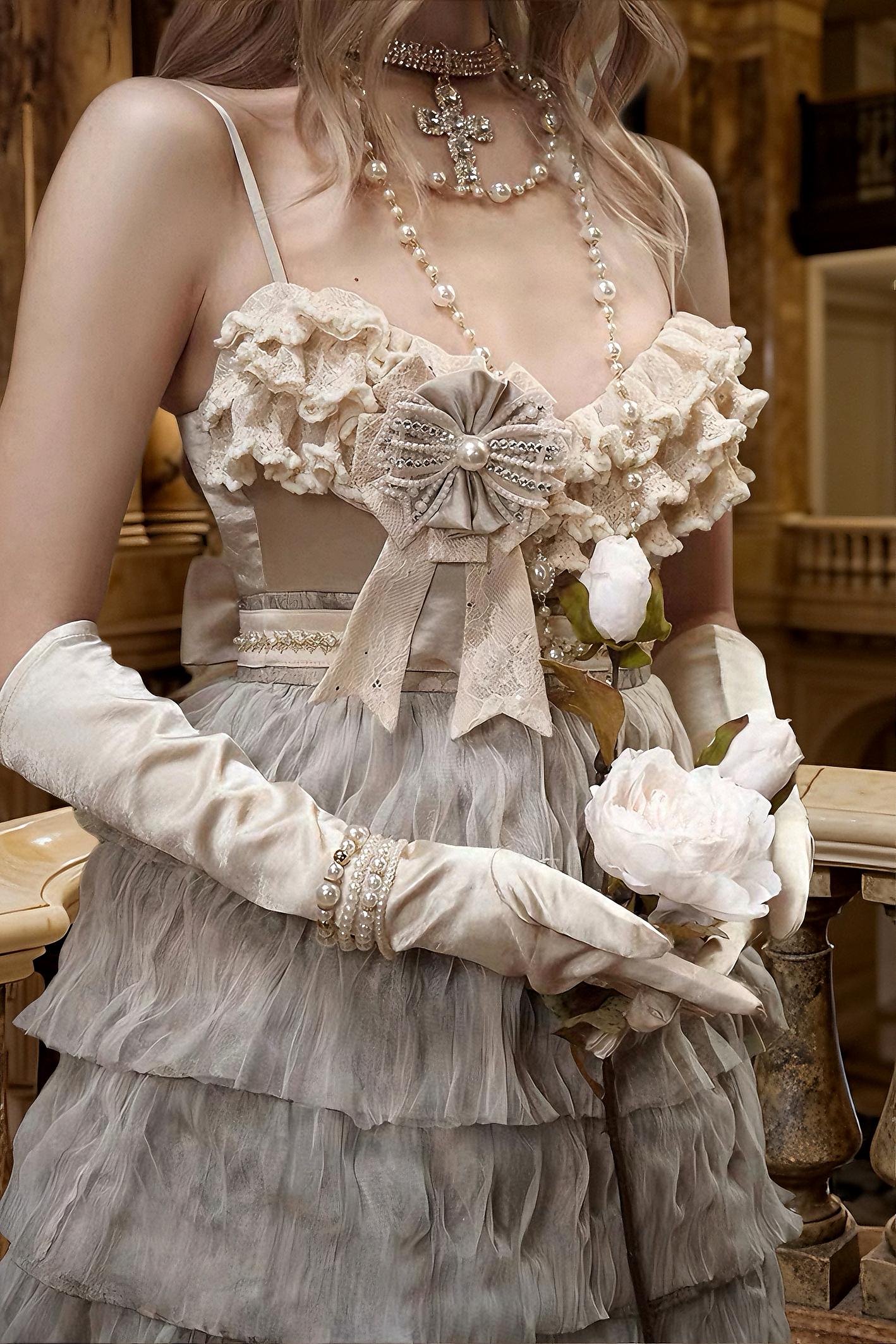 Vintage Ruffled Lace Dress with Detachable Bow | Romantic French Style Dress | Gift for Her, Birthday, Party Dress, Crystal Tights Set