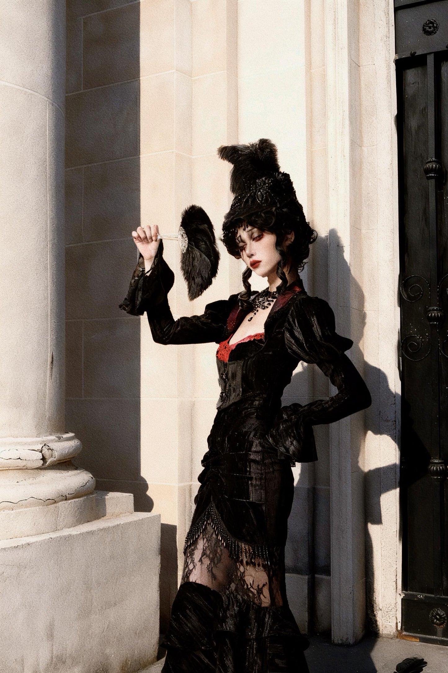 gothic velvet outfit side view velvet skirt silhouette