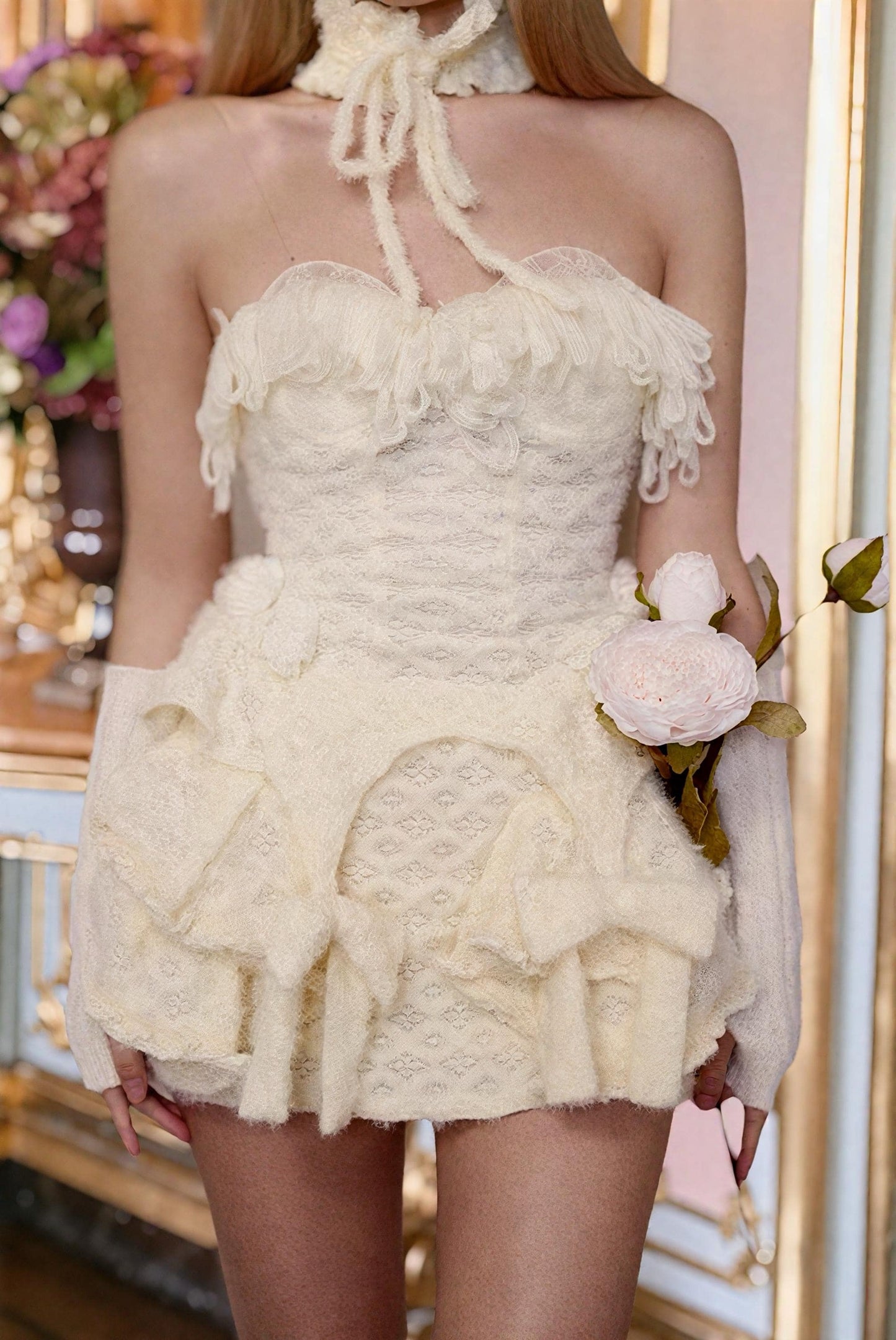 Balletcore lace dress model wearing beige lace dress
