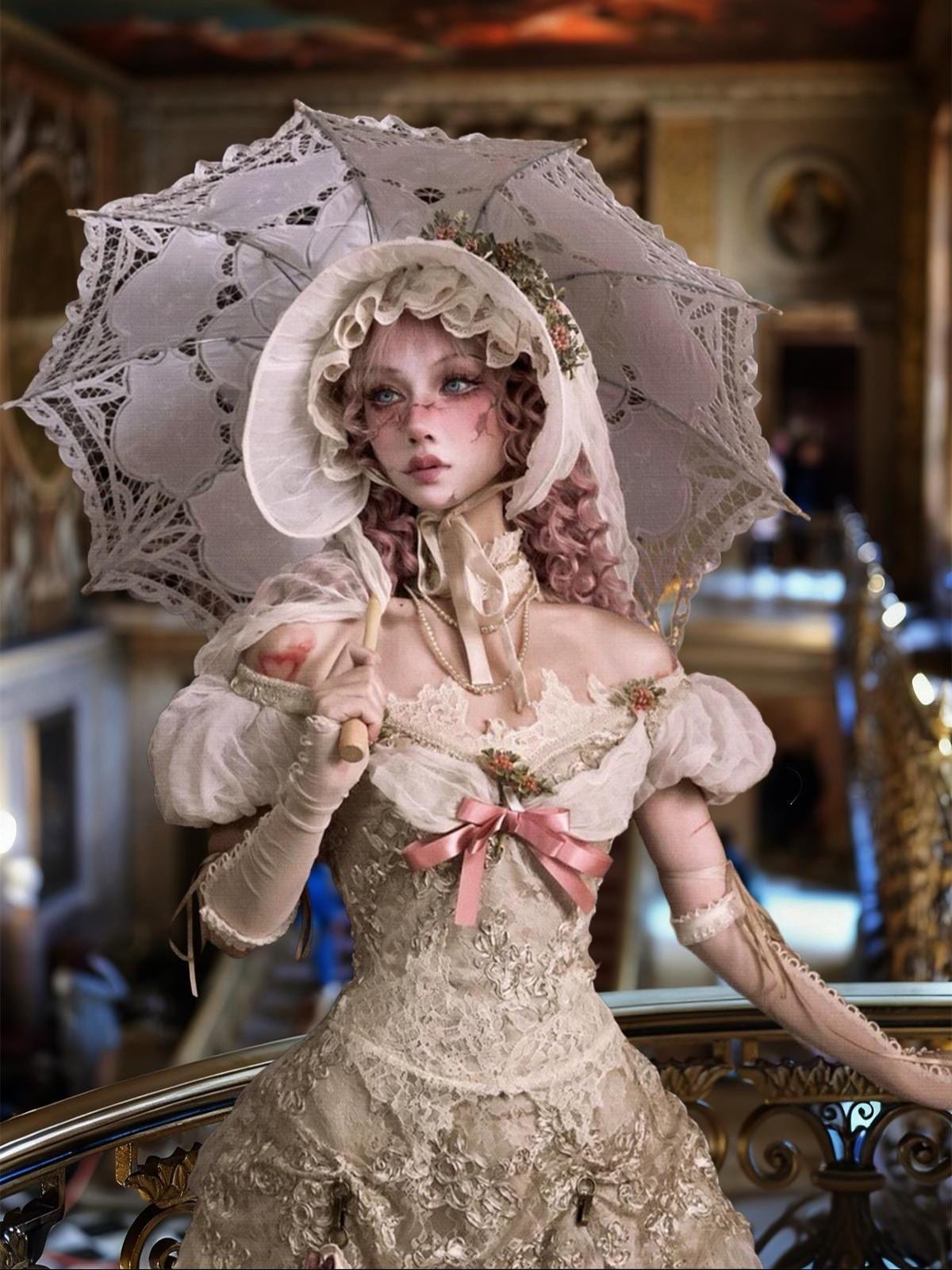 Baroque Blush Garden Lace Ball Gown with Bustle | Rococo Beige Pink Dress, Victorian Christmas Outfit, New Year Gala Historical Gown