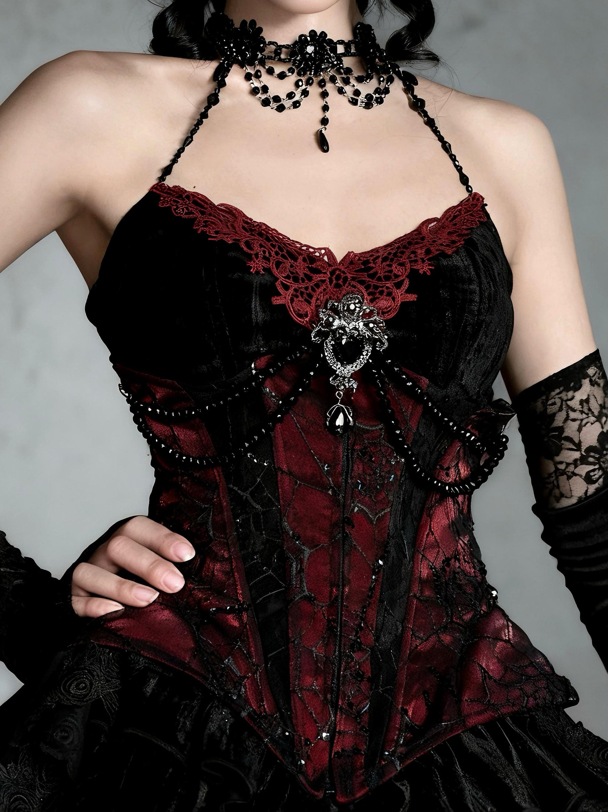 vampire corset dress close up corset lace embroidery detail