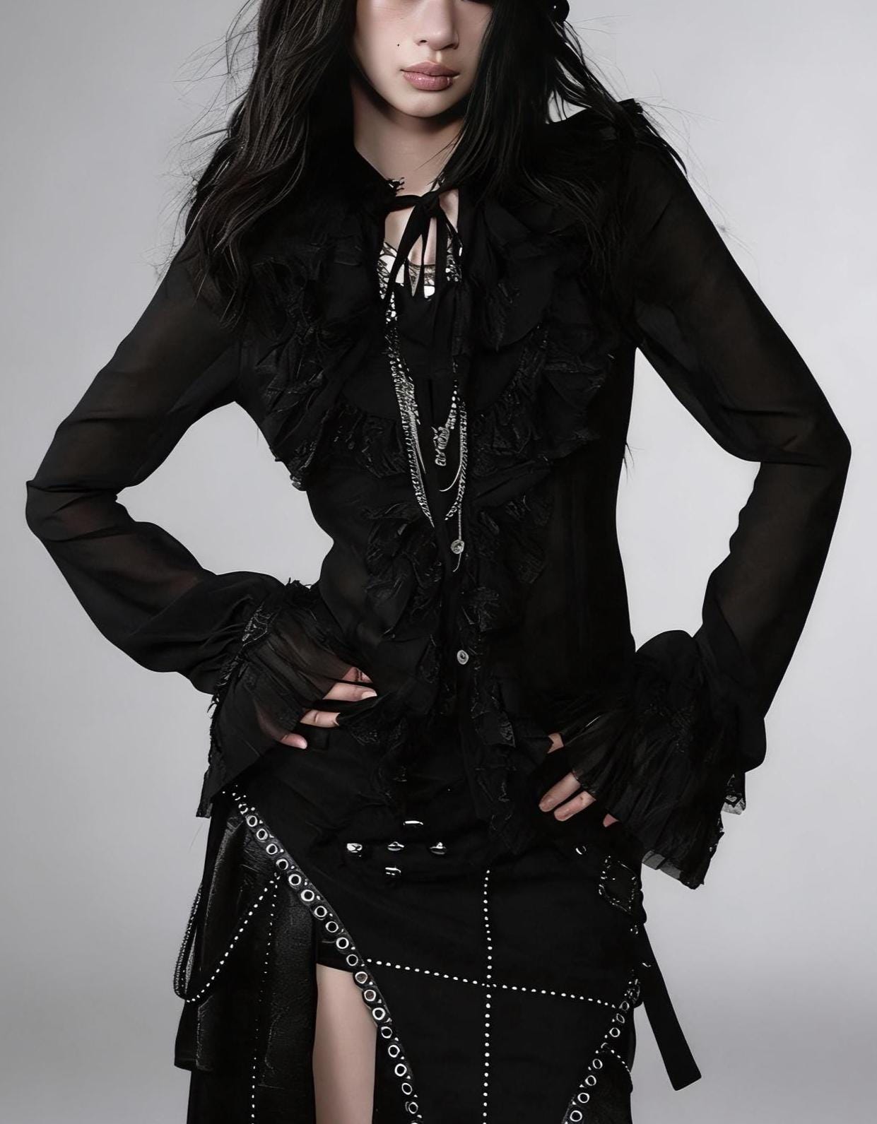 Victorian Gothic Chiffon Blouse with Ruffles, High Neck Lace Shirt, Sheer Romantic Palace Style Top, Dark Elegance Gift for Her