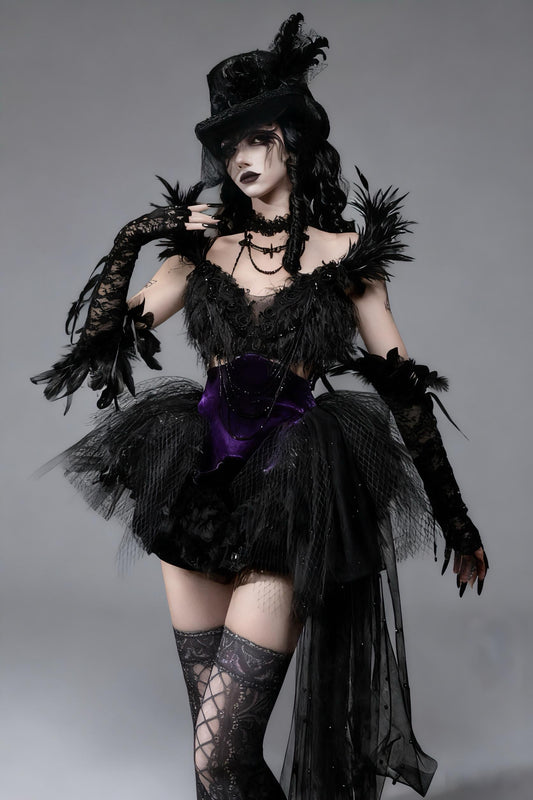 Dark Swan Gothic Feather Corset  Mini Dress with Detachable Beaded Necklace, Black Ballet Dress, Couture Mini Dress, RaveWear, Burningman