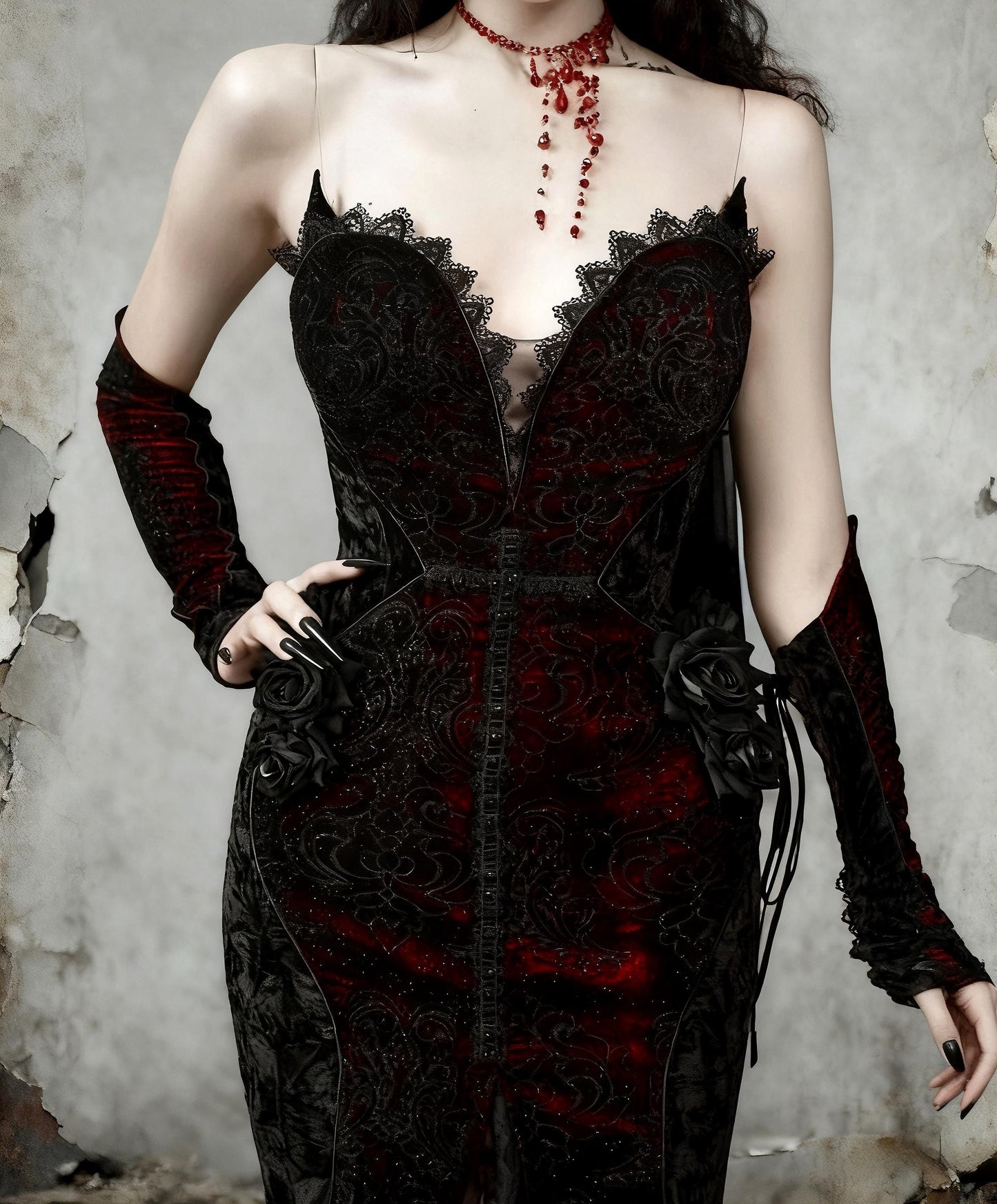 Scarlet Witch Gothic Mermaid Dress | Black Velvet Corset Gown, Dark Red Lace Evening Dress, Holiday Vampire Ball Outfit