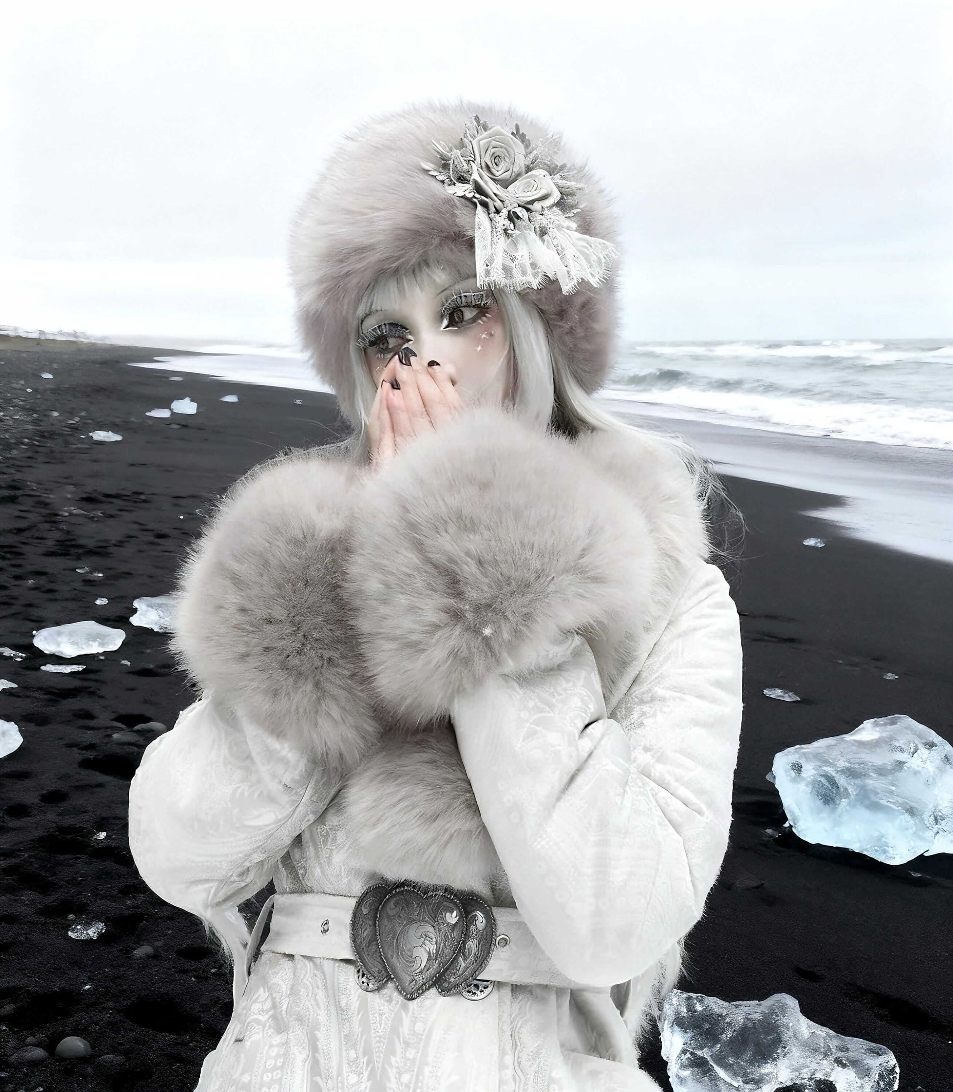 Gothic Faux Fur Winter Hat Victorian Lolita Lace Rose Headpiece