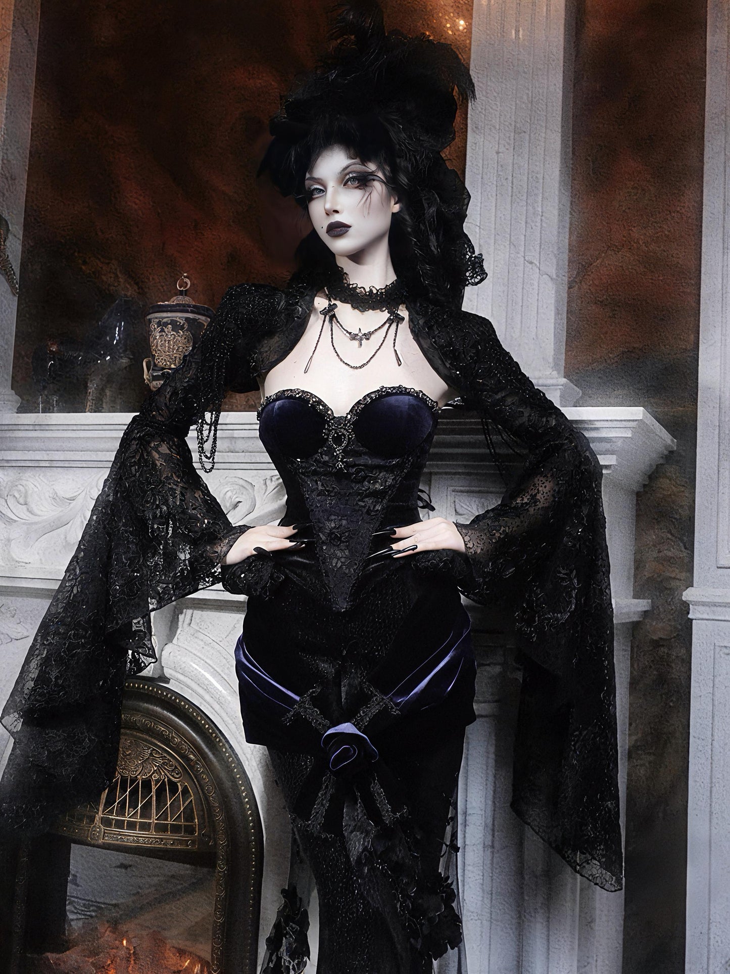 Gothic lace bolero black bell sleeve lace shrug