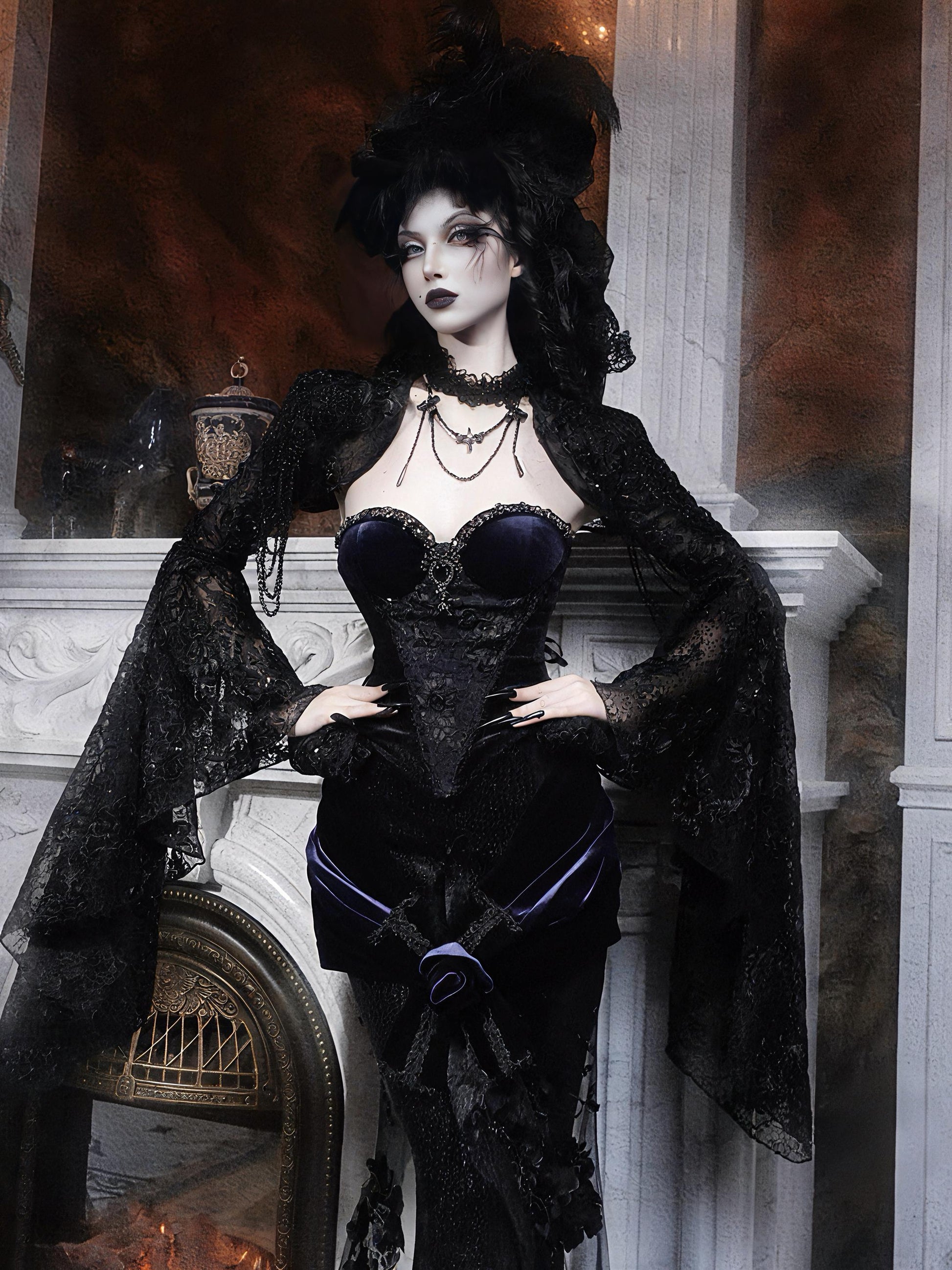 Gothic lace bolero black bell sleeve lace shrug