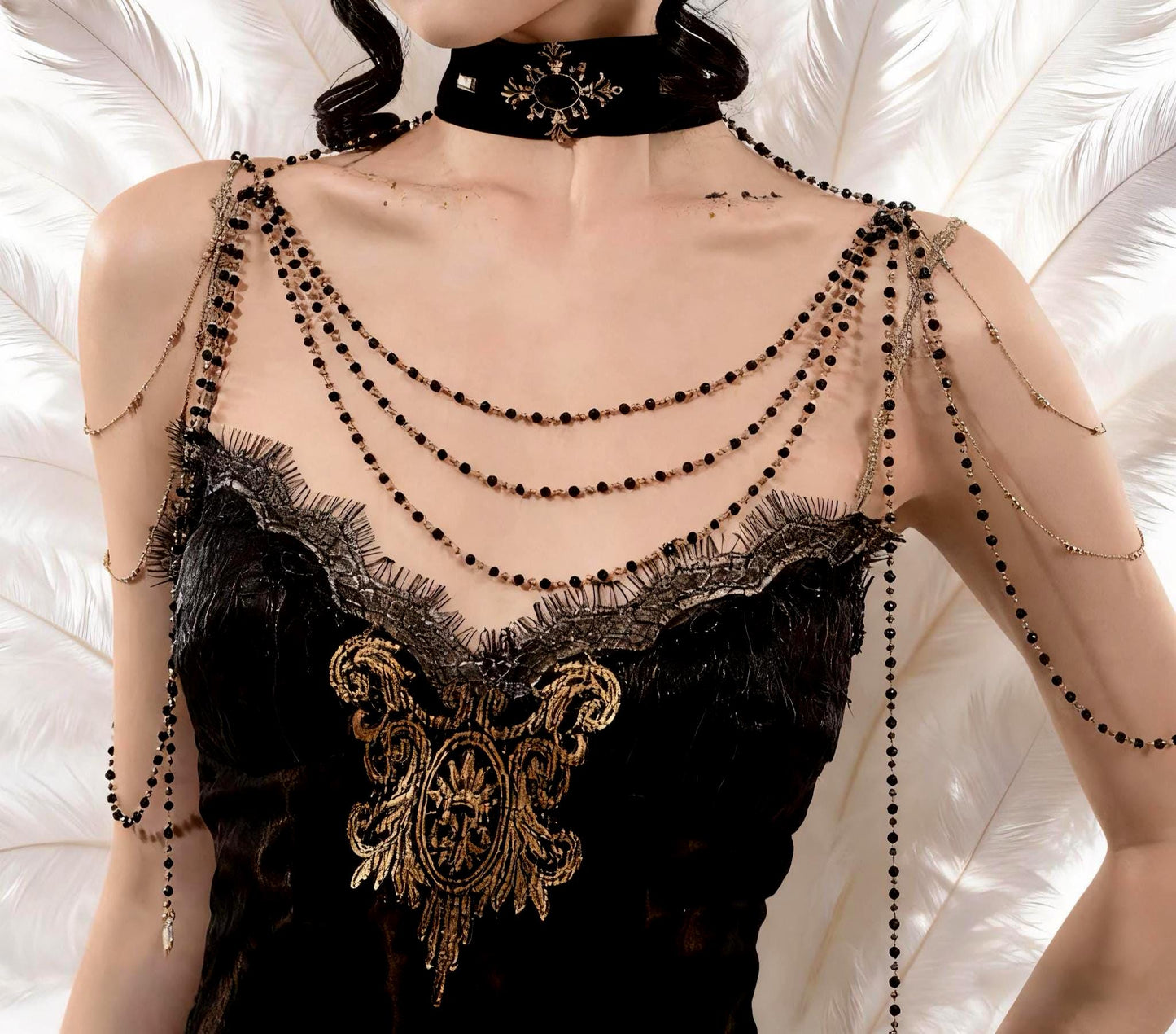 Gothic Velvet Choker with Beaded Shoulder Chains – Multi-Layer Crystal Draped Necklace, Baroque Victorian Statement Jewelry