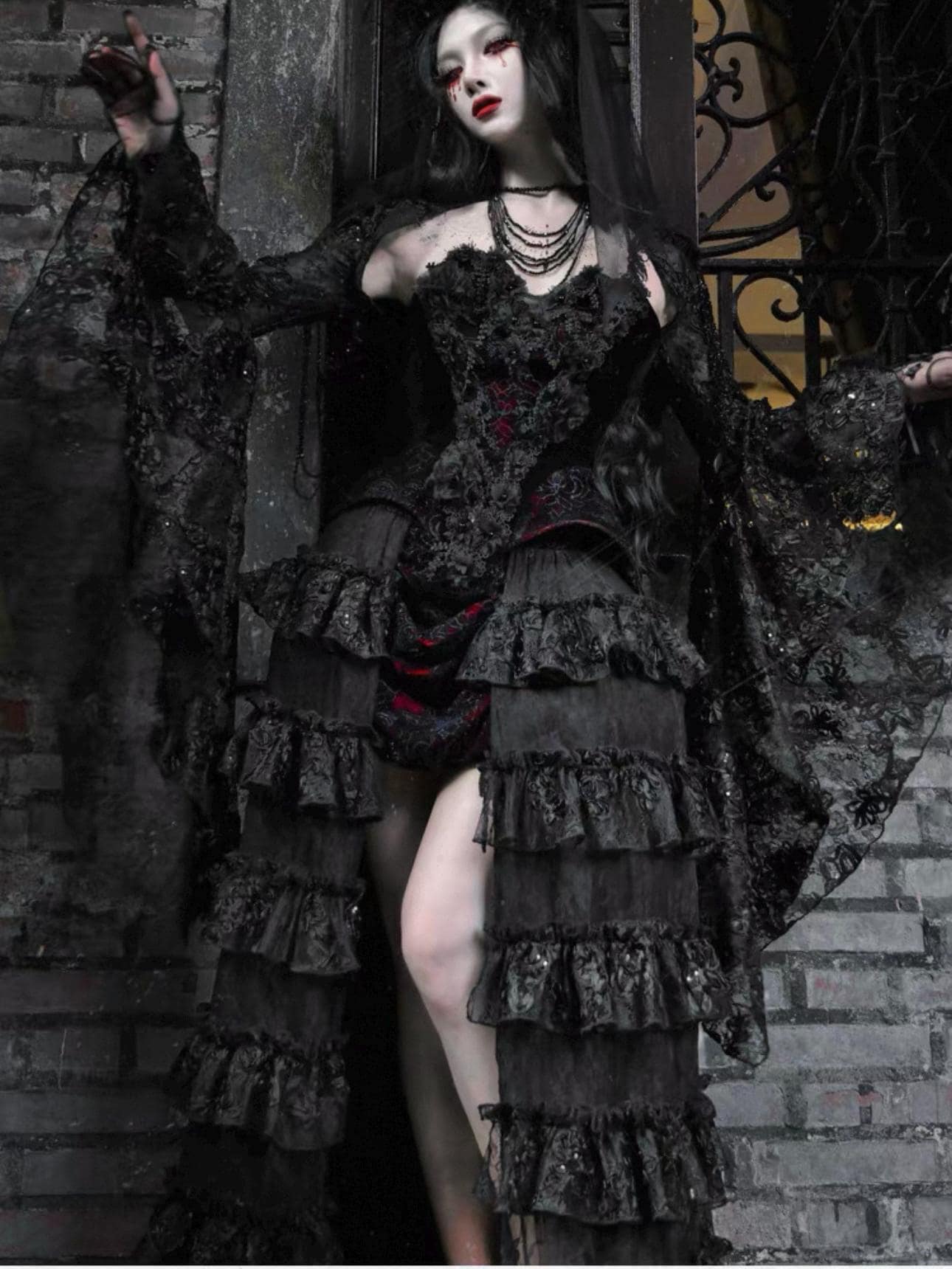 gothic velvet corset dress model standing dark victorian outfit styling