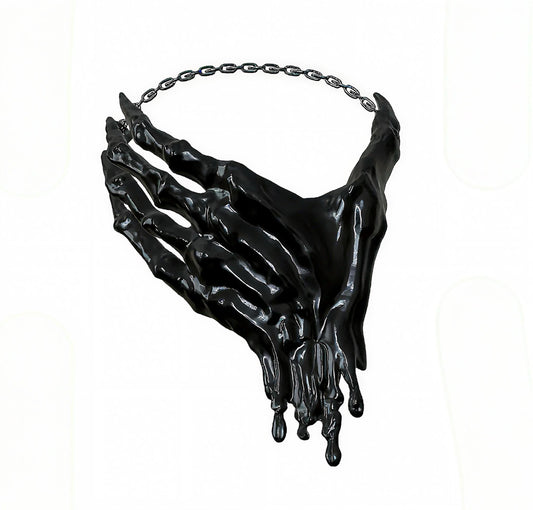 Gothic Skeleton Hand Necklace – 3D Printed Resin Statement Choker with Alloy Chain, Dripping Blood White or Black, Horror Art Jewelry, Rave