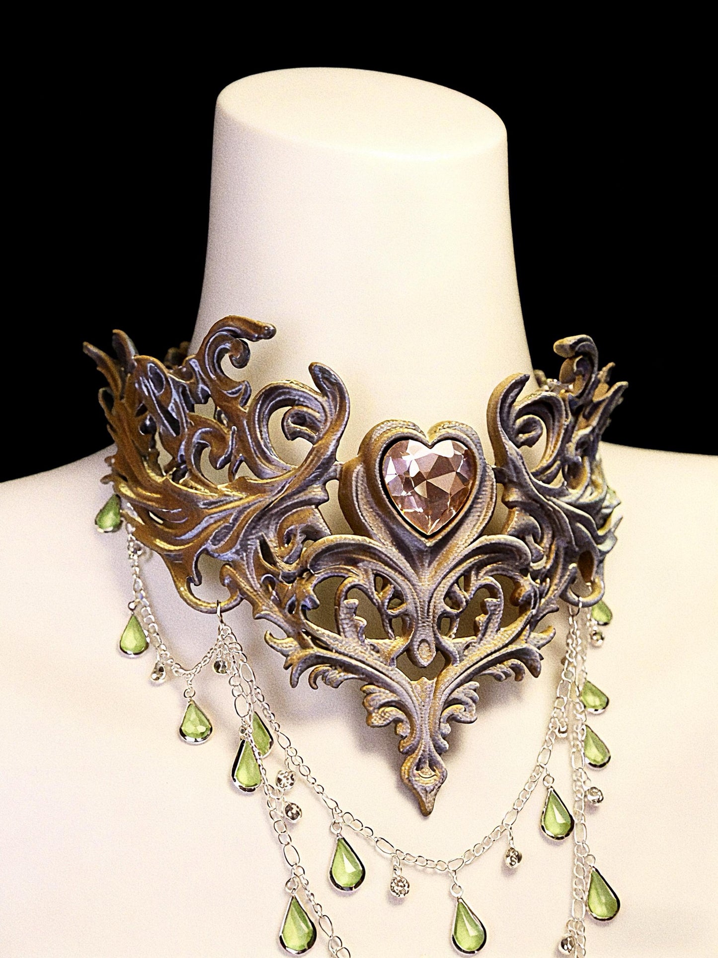 3D Printed Gothic Heart Choker Necklace, Baroque Filigree Statement Collar, Fantasy Couture Necklace, Gift for Her