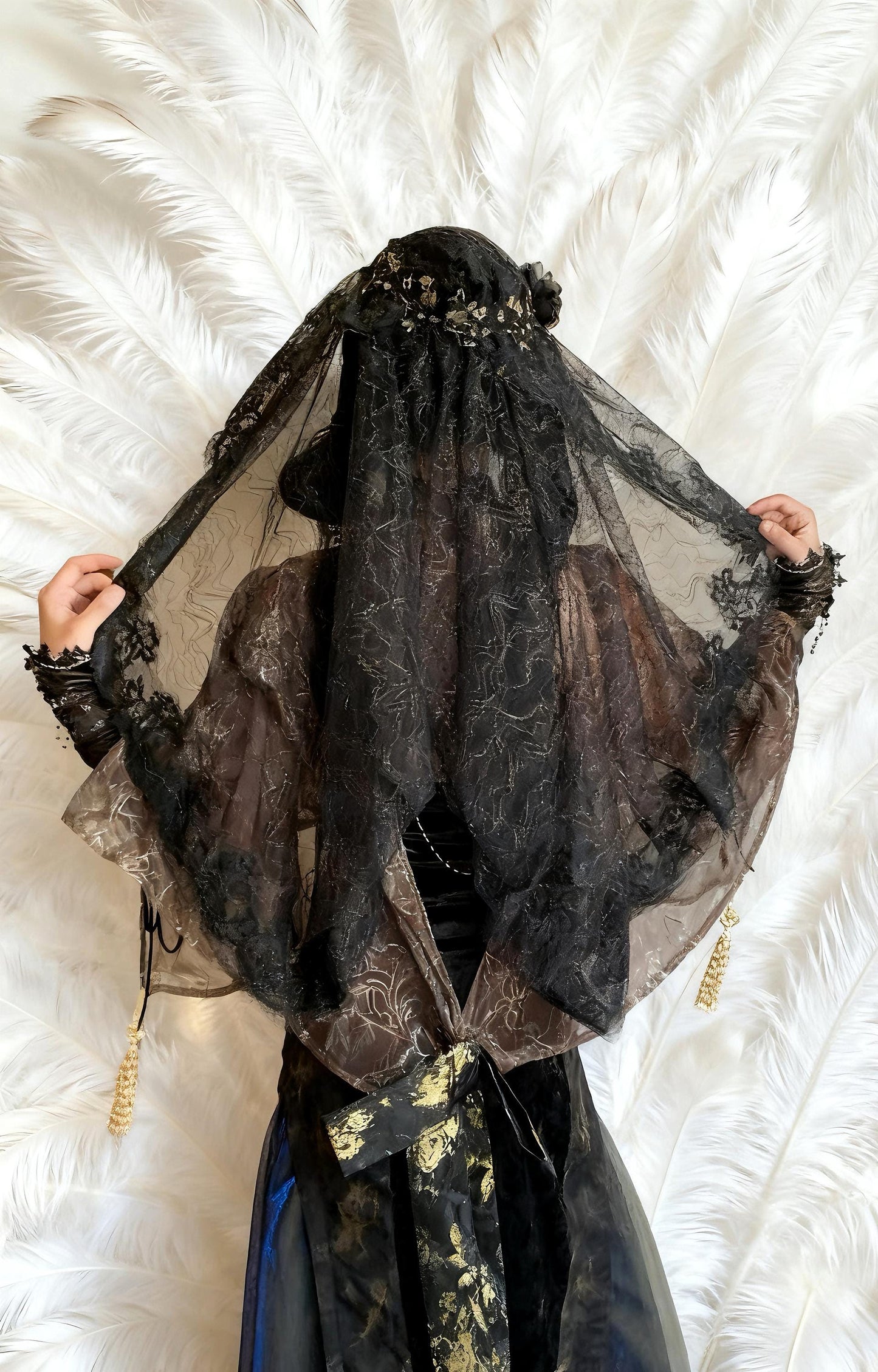 Eclipsed Saint Veil – Gothic Black Lace Veil & Beaded Headpiece Set, Vampire Bride Headdress, Dark Wedding Shawl, Witch Nun Costume