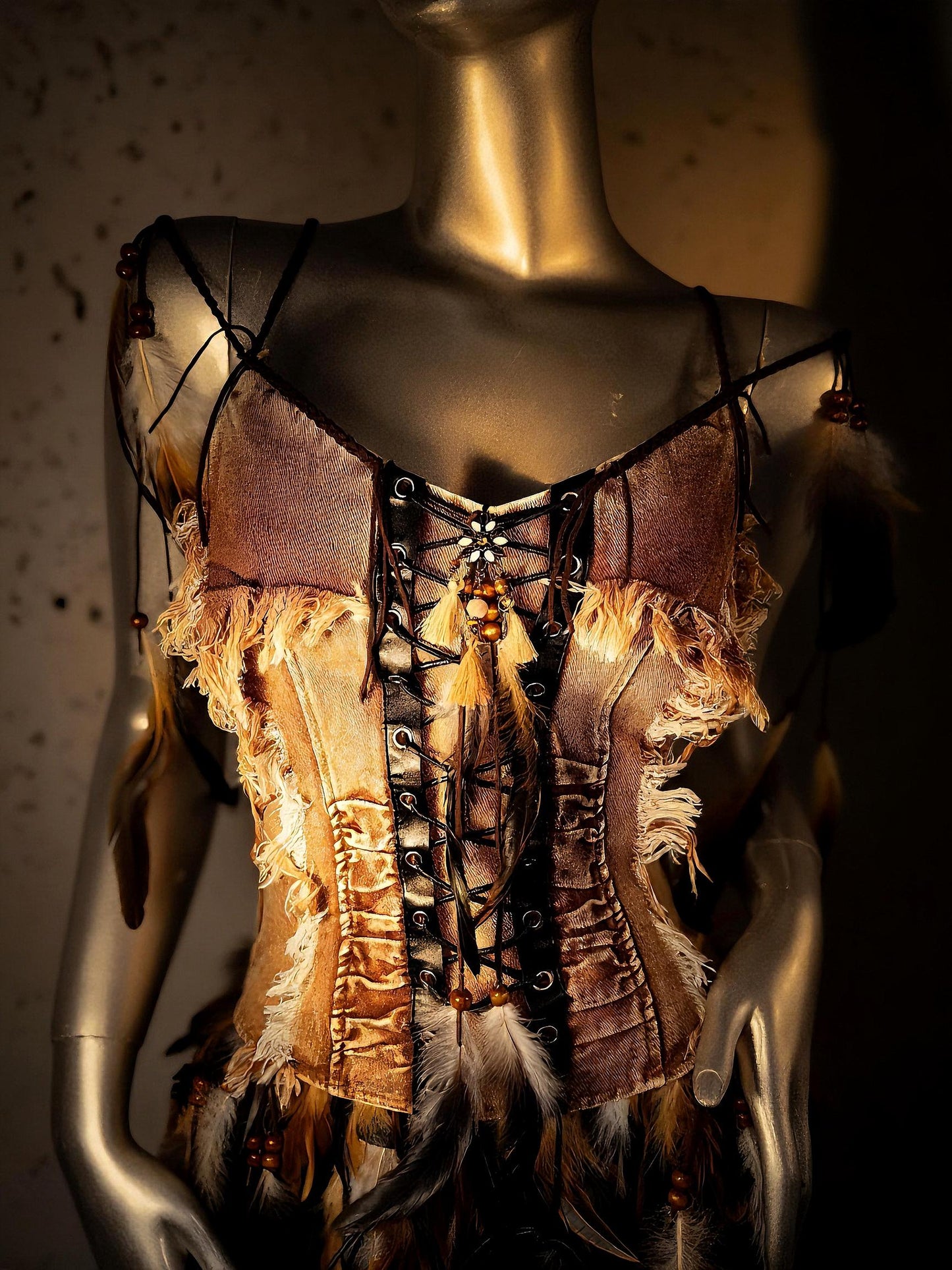 Wild Huntress Feather Costume, Denim & Feathers Ritual Costume, Earth Spirit Feather Corset and Skirts, Warrior Feather, Burningman Outfit