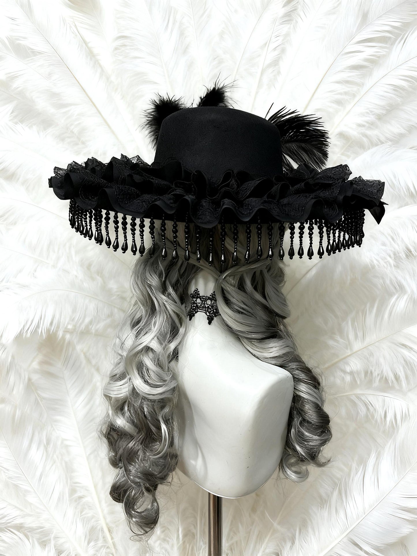 The Mourning Duchess – Gothic Black Lace Hat with Feathers and Roses, Victorian Baroque Ruffle Bonnet, Gift for Cosplayer