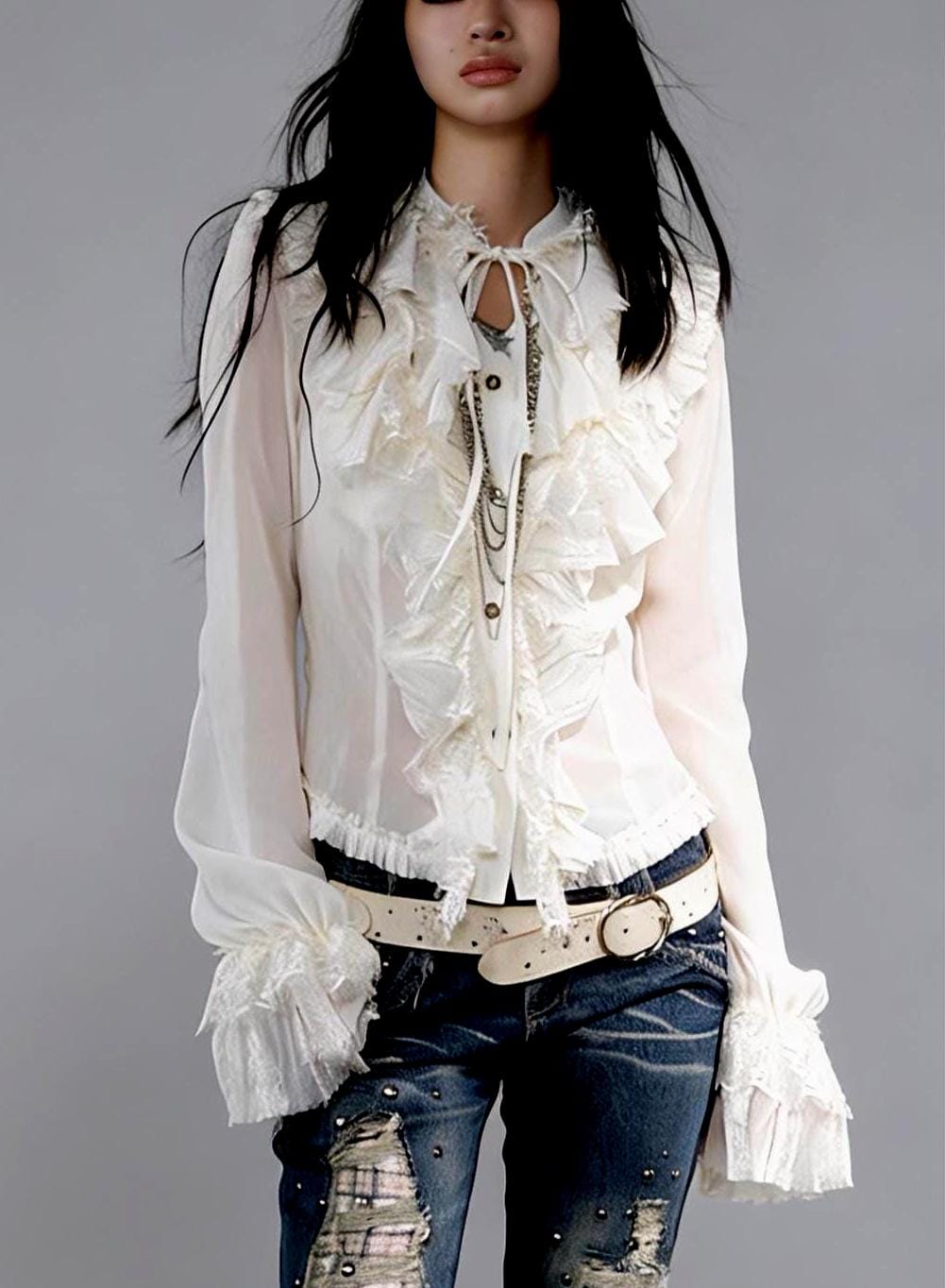 Victorian Gothic Chiffon Blouse with Ruffles, High Neck Lace Shirt, Sheer Romantic Palace Style Top, Dark Elegance Gift for Her