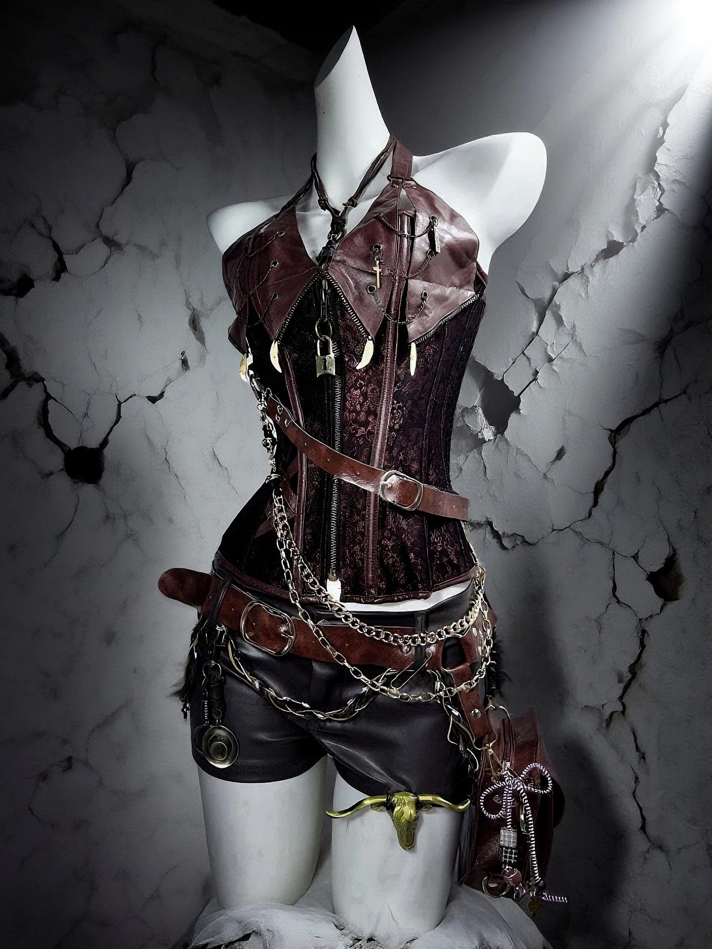 Chain Warden Gothic Pirate Costume: Vegan Leather Corset & Steampunk Shorts, Rave Outfit