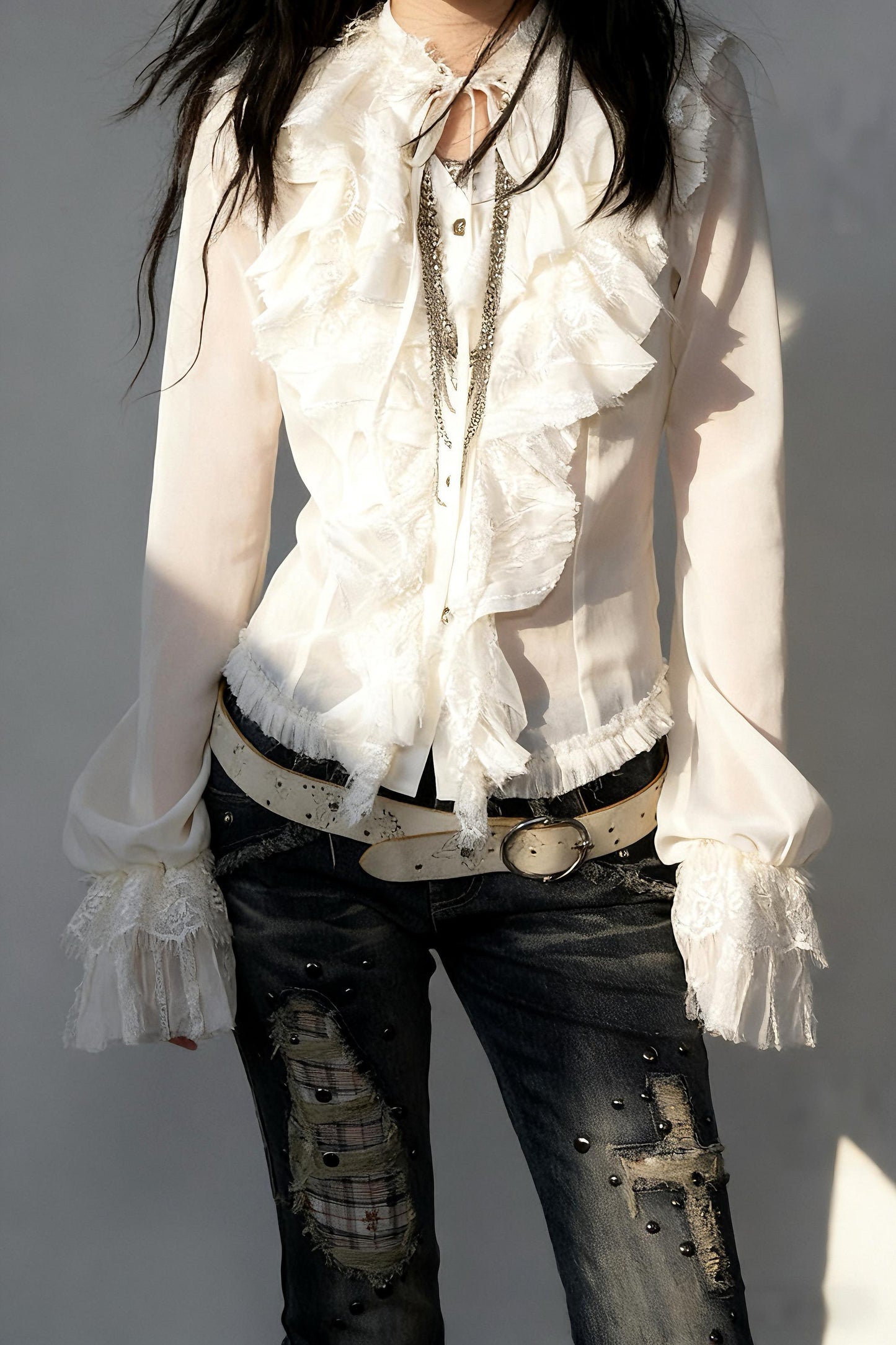 Victorian Gothic Chiffon Blouse with Ruffles, High Neck Lace Shirt, Sheer Romantic Palace Style Top, Dark Elegance Gift for Her