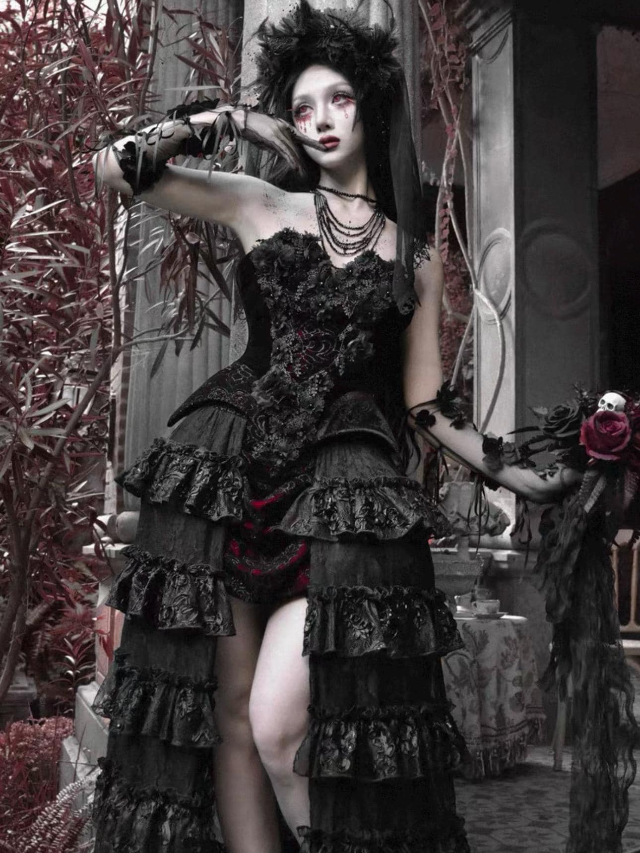 gothic velvet corset dress full outfit gothic baroque styling indoor shoot