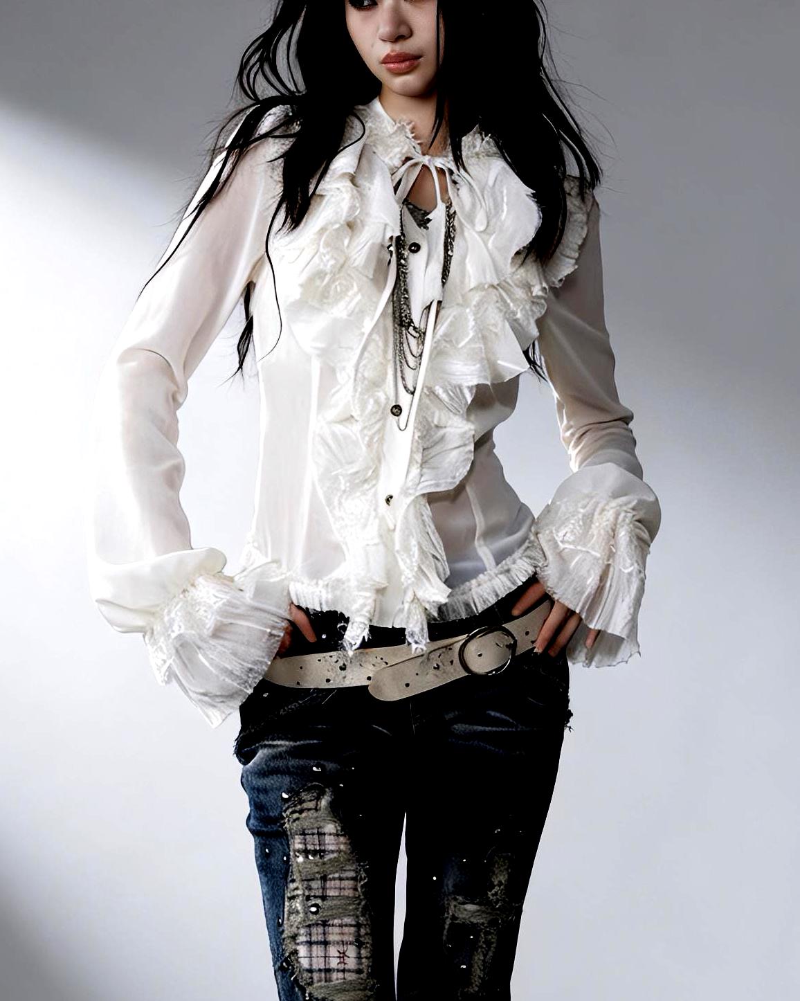 Victorian Gothic Chiffon Blouse with Ruffles, High Neck Lace Shirt, Sheer Romantic Palace Style Top, Dark Elegance Gift for Her