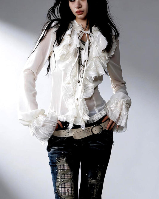 Victorian Gothic Chiffon Blouse with Ruffles, High Neck Lace Shirt, Sheer Romantic Palace Style Top, Dark Elegance Gift for Her